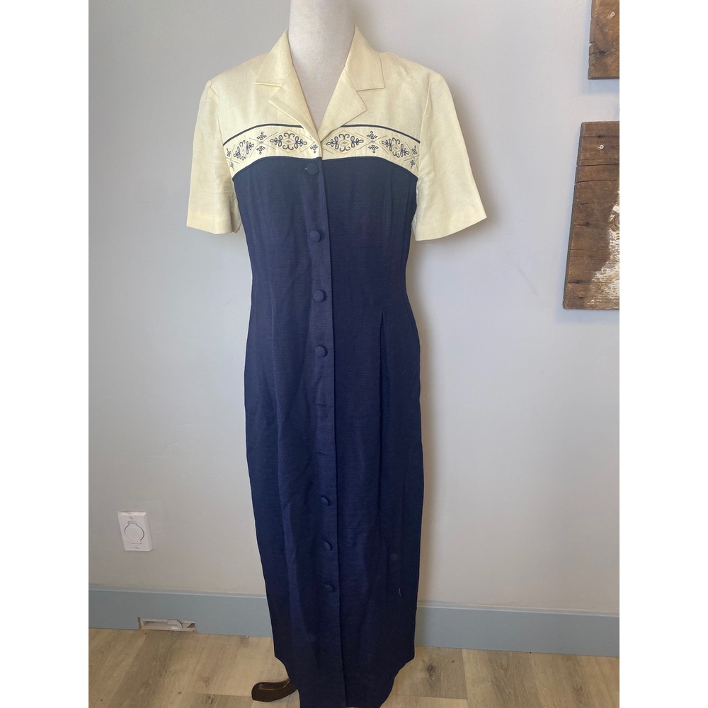 Vintage 90s Dressbarn Navy Cream Embroidered Button Front Maxi Dress Pocket Posh